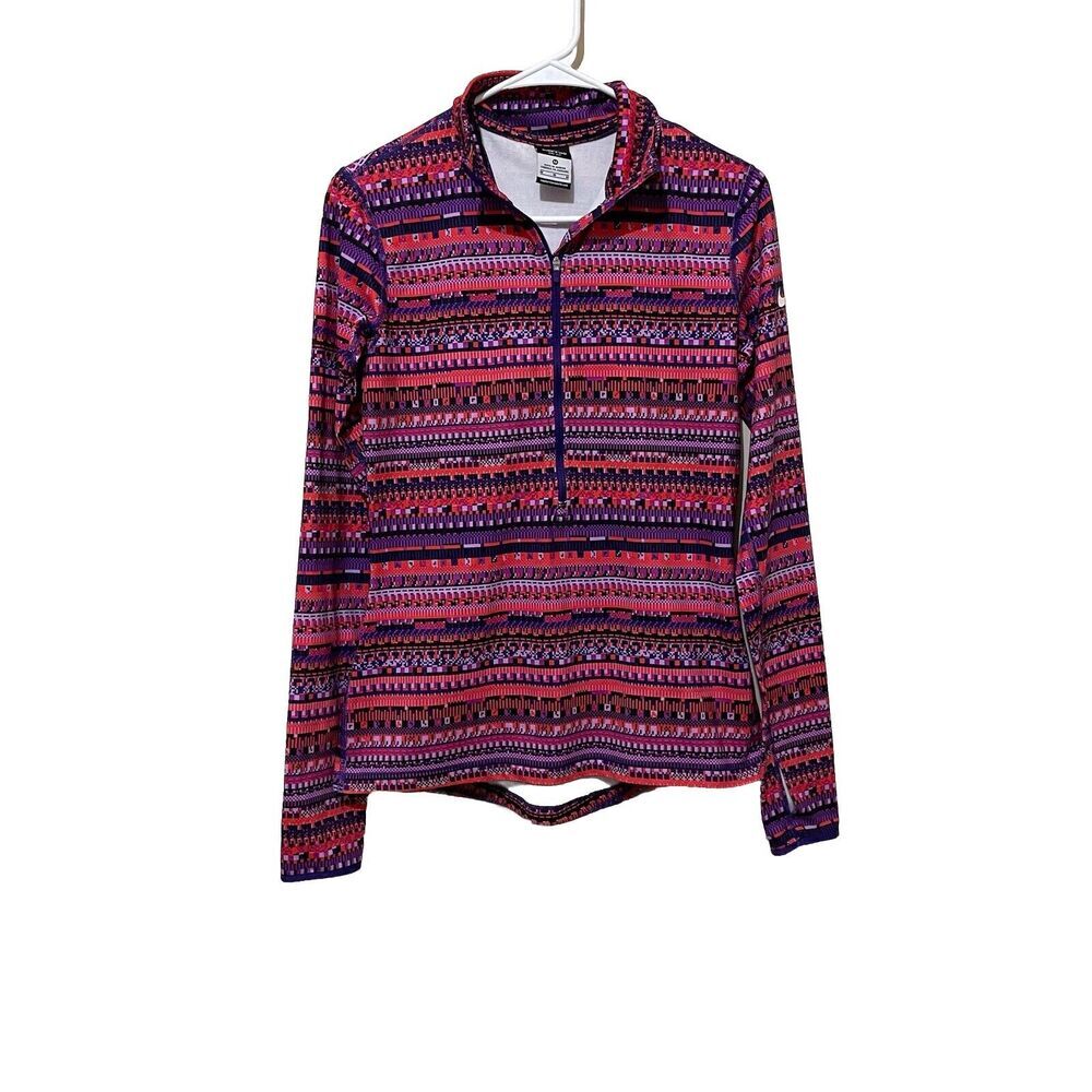 Nike Pro‎ Sweatshirt Womens M Coral Pink Purple Black Geometric Pullover 1/2 Zip